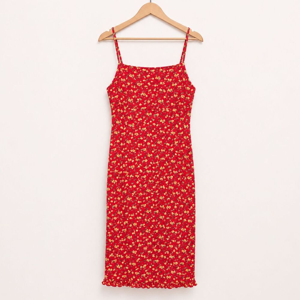 90s VTG Ditsy Floral Sheath Midi Dress, Ruffle, Square Neck, sz S, 90s Cool Girl
